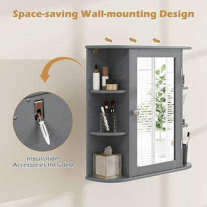 RELAX4LIFE Bathroom Wall Cabinet with Mirror - Medicine Cabinet w/Door & Open Shelves, Over The Toilet Storage Cabinet Organizer, Mirrored Bathroom Cabinet Wall Mount (Grey)