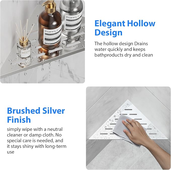 POPFLY 10" Silver Stainless Steel Corner Shower Shelf 2PCS, 304 SS Recessed Bathroom Shelves for Tile Walls, No Drilling Needed, Floating Shower Caddy with Drainage Slots, PF7501L