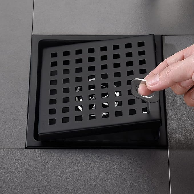 6 Inch Square Shower Floor Drain Black Matte, Grille with Removable Cover, SUS304 Stainless Steel