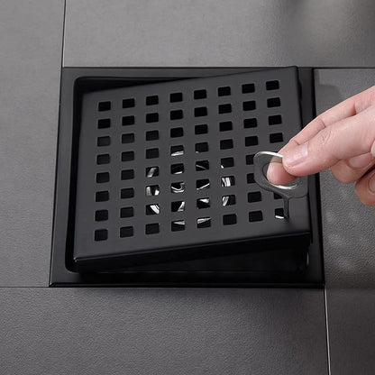 6 Inch Square Shower Floor Drain Black Matte, Grille with Removable Cover, SUS304 Stainless Steel