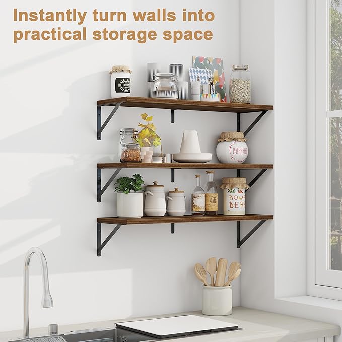 Fun Memories Floating Shelves, 32 x 8 Inches, Set of 3 Wall-Mounted Bookshelves with Metal Brackets, Decorative Storage for Home and Office (Walnut)