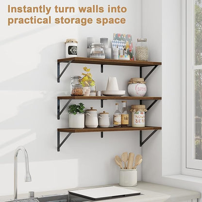 Fun Memories Floating Shelves, 32 x 8 Inches, Set of 3 Wall-Mounted Bookshelves with Metal Brackets, Decorative Storage for Home and Office (Walnut)