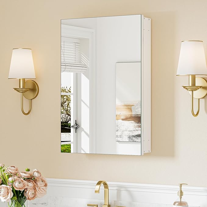 Keonjinn 16 x 24 Inch White Medicine Cabinet Mirror, Assembly Required, Modern Medicine Cabinets for Bathroom, Lightweight, Adjustable Shelves, HD Tempered Glass, Recessed or Surface Mount