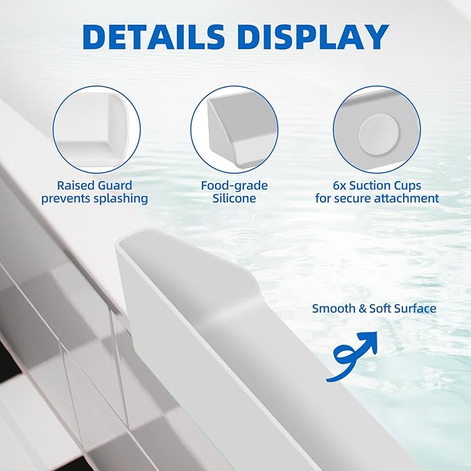 Splash Guard for Bathtub, 3.8" x 3.6" Silicone Bath Tub Splash Guard with 6 Suction Cups, Bathtub SplashGuard Play Shelf Area for Kids with 3°Drainage Slope for Faster Drying - 2 Packs White