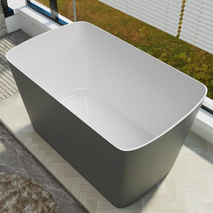 47" Lucite Acrylic Freestanding Bathtub，Square Shape Janpanese Soaking Tub,Toe-tap Chrome Right Drain, Slotted Overflow, cUPC Certified,Glossy 37°Gray