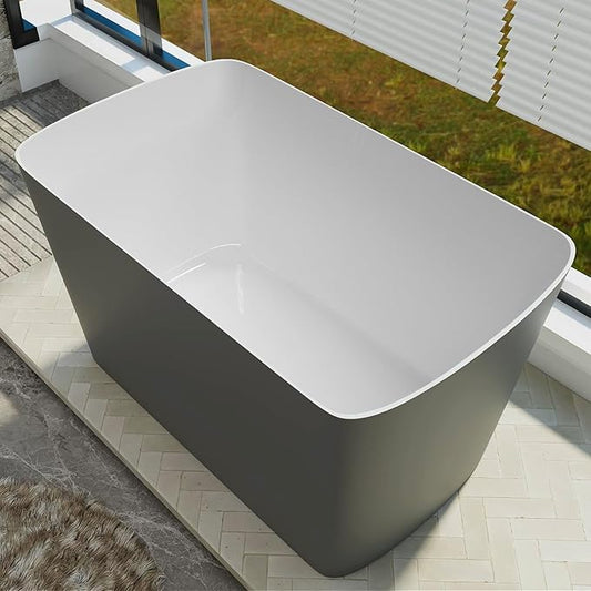 47" Lucite Acrylic Freestanding Bathtub，Square Shape Janpanese Soaking Tub,Toe-tap Chrome Right Drain, Slotted Overflow, cUPC Certified,Glossy 37°Gray