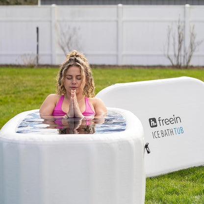 Freein Ice Bath Tub [XXL UPGRADED] - Cold Plunge Tub, Water Chiller Compatible, Inflatable, Portable, Foldable, Recovery Tub for Athletes, 54"x30"x24" - Outdoor, White/Wood
