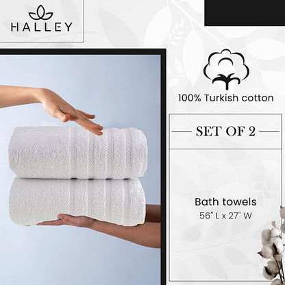 HALLEY Turkish 2 Pack Premium Bath Towels (2 Pieces) 650 GSM Highly Absorbent Super Soft 100% Cotton - 2 Bath Towels (White)