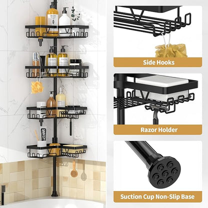 Corner Shower Caddy - 4-Tier Shower Caddy Tension Pole with 2 Removable Soap holders Bathroom Shampoo Holder for Bathtub & Corner, Black, Floor to Ceiling 25-114.2 inch