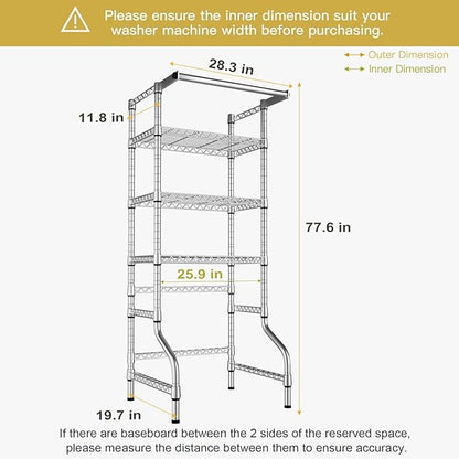 Ulif U11 Mini Over Washer and Dryer Shelves, 3 Tiers Laundry Room Storage and Organizer Standing Shelf, Metal Freestanding Clothes Drying Rack, 28.3" W x 19.7" D x 77.6" H, Chrome