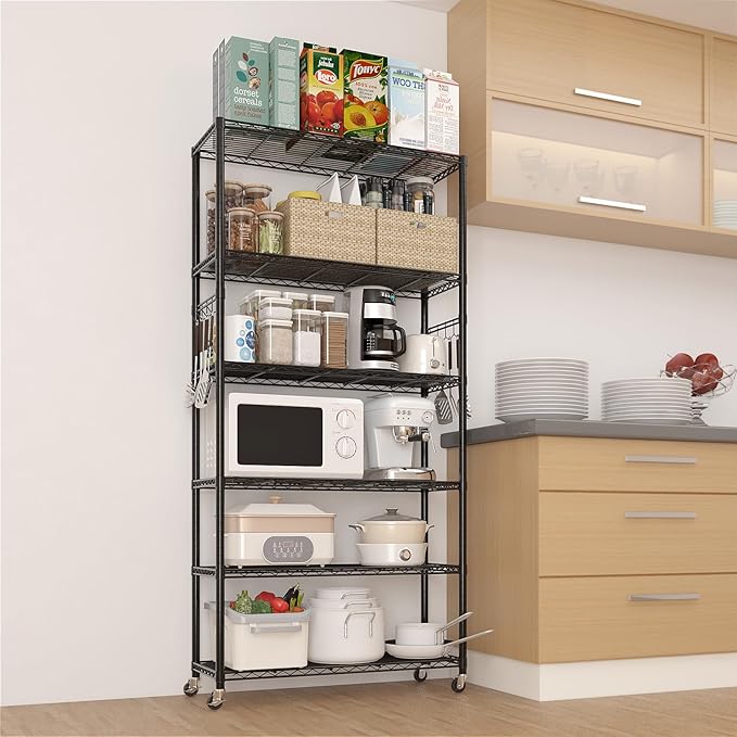 6 Tier Storage Racks Shelving, Heavy Steel Pantry Shelves, Adjustable Wire Shelving Rack with Wheels, Suitable for Garage, Kitchen, Bathroom, Office, 35" W x 16" D x 73" H, Black
