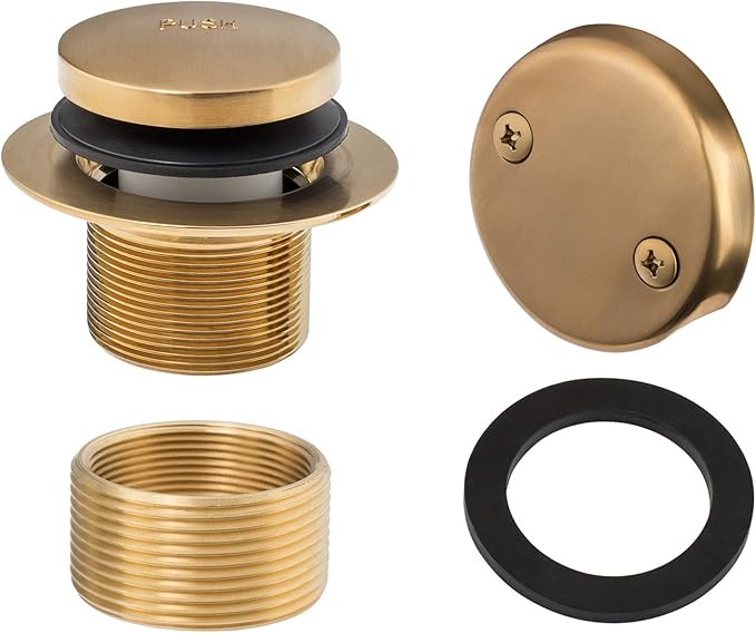 Artiwell Tip-Toe Bathtub Drains Trim Set with Two-Hole Overflow Faceplate, Replacement Bath Drain Trim Kit with 2-Hole Overflow Faceplate and Universal Fine/Coarse Thread (Brushed Gold)