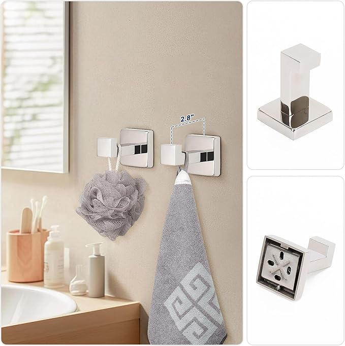 NearMoon 5 Pieces Bathroom Hardware Set 304 Stainless Steel - Square Towel Rack Set Include 16" Towel Rod + Towel Ring + Toilet Paper Holder + 2 Robe Towel Hooks Bathroom Accessories (Chrome Finish)