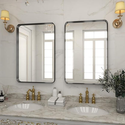 VooBang Bathroom Mirror 24x36 inch, Black Gorgeous Deep Frame Wall Mirror, Modern Round Corner Bathroom Vanity Mirror for Bedroom, Living Room, Hanging or Leaning Horizontal or Vertical, Black