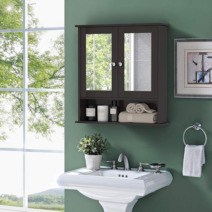 Tangkula Bathroom Medicine Cabinet with Mirror, Wall Mounted Wooden Hanging Organizer with Doors and Shelves, Bathroom Wall Mirror Cabinet (Mirror Doors, Brown)