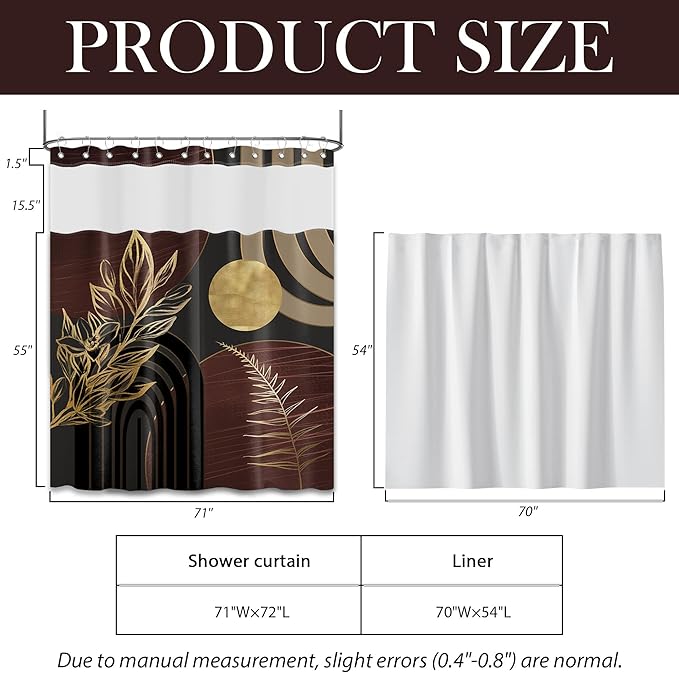 Dark Brown Boho See Through Mesh Top Shower Curtain with Window, Black and Brown Mid Century Modern Double Layer Shower Curtains with Snap in Liner, Waterproof Fabric with Hooks, 71x72 in