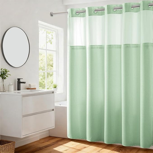 River Dream Heavyweight No Hooks Required Dotted Waffle Weave Shower Curtain with Snap in Liner - 71W x 74H,Hotel Grade,Spa Like Bath Curtain,Green Light
