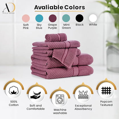 Ample Decor Bathroom Hand Towel 18 X 28 Inch 600 GSM 100% Cotton - Popcorn Textured Towel - 6Pcs Grape Purple