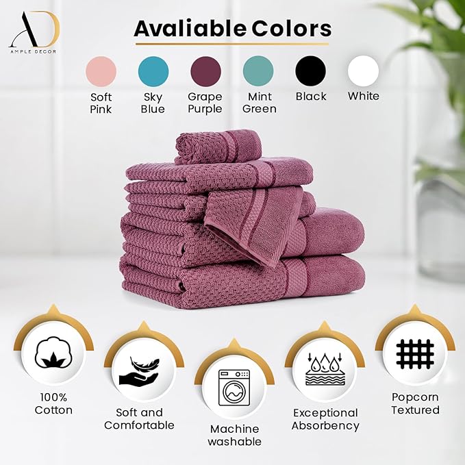 Ample Decor 100% Cotton Hand Towel for Kitchen Set of 2, Absorbent Premium Quality, Oeko TEX Certified, for Bathroom, Hotel, Spa, Gym, Kitchen - Grape Purple - 18 X 28 Inch -Mulaayam Collection