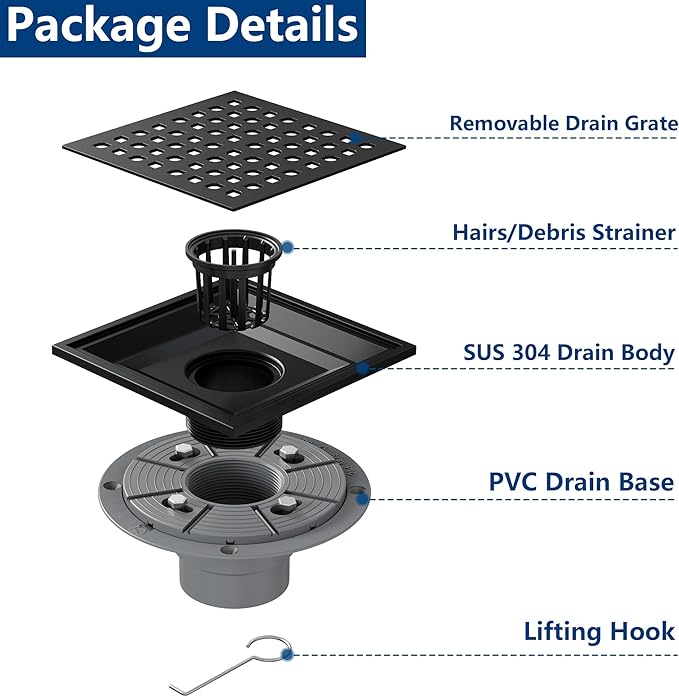Neodrain Square Shower Drain,6 inch Black Stainless Steel 304 Grate and PVC Drain Body, Grate with Kit Includes Hair Trap/Strainer,Lifting Hook and PVC Drain Base