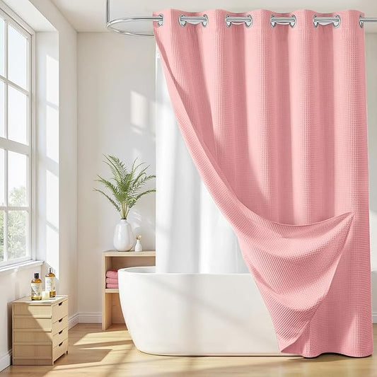 River Dream Hotel Grade No Hooks Needed Shower Curtain with Snap in Liner,Water Repellent, Machine Washable (Pink, 71"x74"(W/Liner))