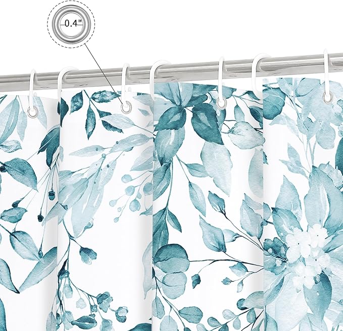 Gibelle Spa Blue Eucalyptus Shower Curtain, Watercolor Plant Leaves with Floral Bathroom Shower Curtain Set with Hooks, 72x72