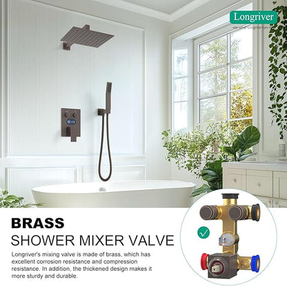 Push Button Diverter Shower Faucet Set Hydro Power Temperature Display, Shower System 12 Inches Shower Head with Handheld Spray, Wall Mounted Shower Fixtures with Valve and Trim Kit, Oil Rubbed Bronze