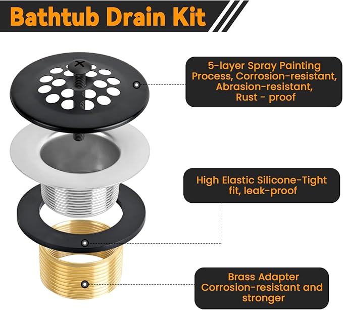Matte Black Trip Lever Bath Tub Drain Kit, Universal for 1-1/2" and 1-3/8" Bathtub Drain Replacement, No Putty Installation Tub Drain Set with Trip Lever Overflow Faceplate and Strainer, Tub Trim Kit