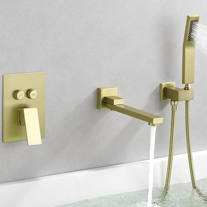 Wall Mount Bathtub Faucet Set Included 180°Swivel bathroom Tub Filler faucets and handheld Shower，high Flow Tub Spout with Solid Brass Push-button Diverter Pressure Balance Valve,Brushed Gold