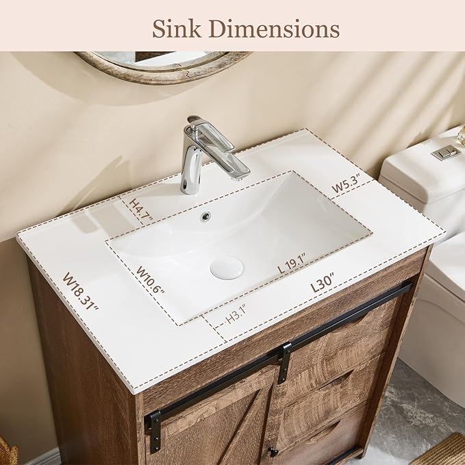 30" Farmhouse Bathroom Vanity with Ceramic Sink Combo, Freestanding Modern Bathroom Storage Vanity Cabinet w/Sliding Barn Door, 3 Drawers & Adjustable Shelves, Light Brown
