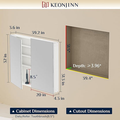 Keonjinn 40 x 32 Inch Large Medicine Cabinet Mirror, Assembly Required, White Bathroom Medicine Cabinets, Aluminum Framework, Adjustable Shelves, Tempered Glass, Soft Closing, Recessed or Wall Mount