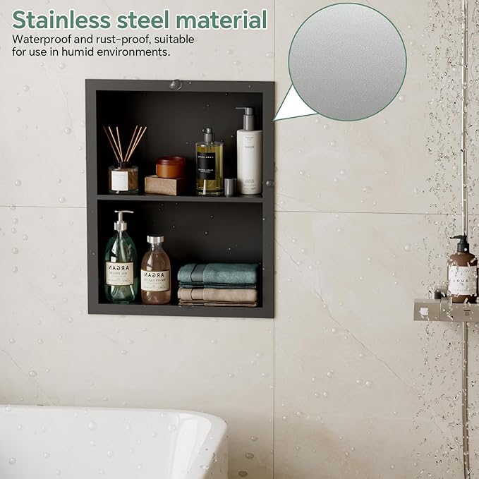 Stainless Steel Recessed Medicine Cabinet 14''*18'', Rust-Proof Metal Wall Niche, in Wall Shower Niche Shelf Insert Replacement, Recessed Medicine Cabinets for Drywall, Bathroom Storage, Black