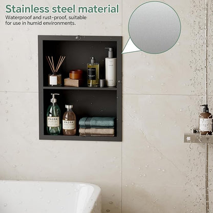 Stainless Steel Recessed Medicine Cabinet 14''*18'', Rust-Proof Metal Wall Niche, in Wall Shower Niche Shelf Insert Replacement, Recessed Medicine Cabinets for Drywall, Bathroom Storage, Black
