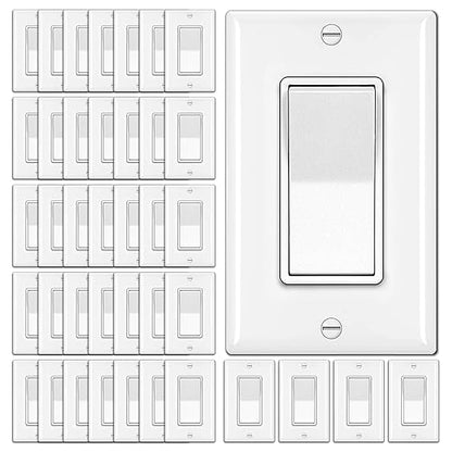 BESTTEN 40 Pack 3-Way Decorator Wall Light Switch, 15A 120V/277V, On/Off Rocker Paddle Wall Switch, Single Pole or Three Way, 3 Wire, w/Wall Plate, Residential and Commercial Grade, UL Listed, White