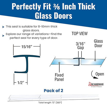 Frameless Shower Door Side Seal Strip H-Type 180 Degree 72inch Length, Clear (2, 3/8inch Glass)