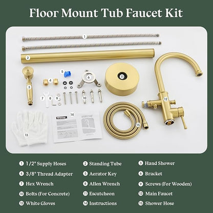 Free Standing Tub Faucet, Wintap Classic Freestanding Bathtub Faucet with Sprayer Brass Elegant Floor Mount Bath Faucets High Flow Roman Tub Filler, Brushed Gold （WT-3311BG）