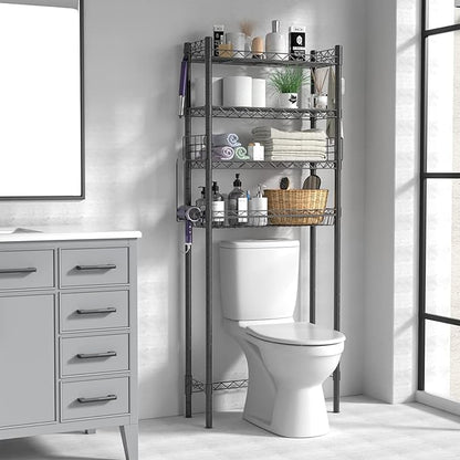 4-Tier Toilet Shelf Storage, Bathroom Organizer Shelves Over Toilet Storage, Above Toilet Tack Free Standing Bathroom Space Saver with Adjustable Basket and Shelves, Gray