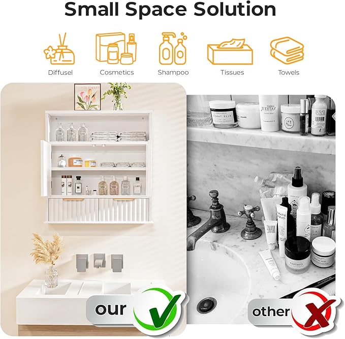 Bathroom Wall Cabinet, Wall Mounted Medicine Cabinet with Drawers, Modern Farmhouse Storage Cabinet with with Adjustable Wood Shelf & Doors for Bathroom, Kitchen, Laundry Room (White)