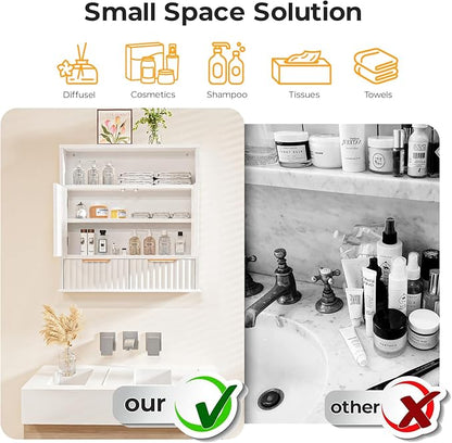 Bathroom Wall Cabinet, Wall Mounted Medicine Cabinet with Drawers, Modern Farmhouse Storage Cabinet with with Adjustable Wood Shelf & Doors for Bathroom, Kitchen, Laundry Room (White)