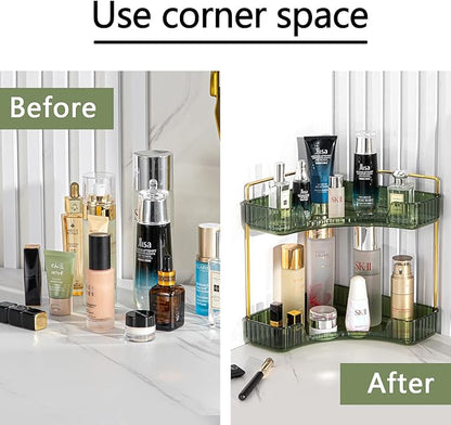 2-Tier Corner Bathroom Counter Organizer – Storage Shelf for Makeup, Perfume & Skincare, Space-Saving Countertop Tray Fits Bathroom, Dresser, Kitchen (Green)