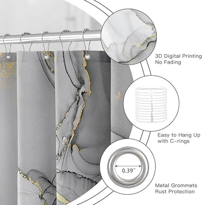 Long Shower Curtain 72 x 78 Inch, Tall Abstract Marble Shower Curtains for Bathroom Decor, Modern Luxury Art Decor Ink Texture Fabric Shower Curtain Set with Hooks, Grey