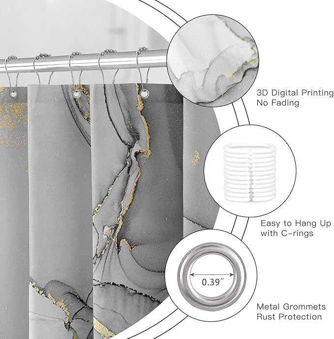 Extra Long Shower Curtain 72 x 96 Inch, Grey Floor to Ceiling X-Long Abstract Marble Shower Curtains for Bathroom, Modern Luxury Art Ink Fabric Shower Curtain Set with Hooks