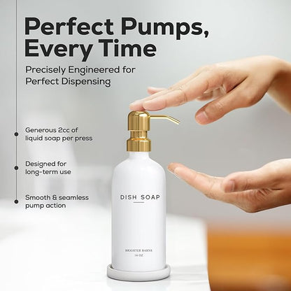 Luxury Glass Dish Soap Dispenser for Kitchen Sink by Brighter Barns - Modern Kitchen Soap Dispenser Set - Refillable Glass Pump Bottle and Tray - White and Gold Home Decor and Accessories, Gift (Gold)
