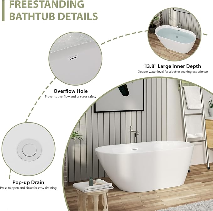 Mocoloo 59" Acrylic Freestanding Bathtub Contemporary Soaking White Bath Tub with Gold Overflow and Drain