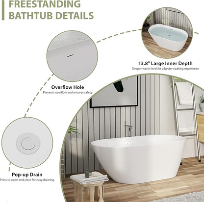 Mocoloo 59" Acrylic Freestanding Bathtub Contemporary Soaking White Bath Tub with Gold Overflow and Drain
