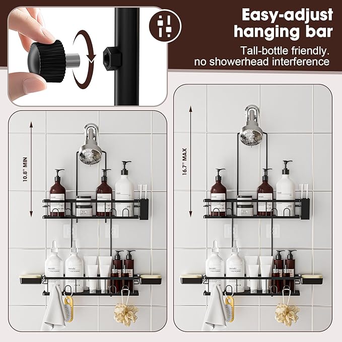 Shower Caddy Hanging, Rustproof Shower Shelves - No Drilling Inside Bath, Extended Length Shower Organizer with Soap Holder; Toothbrush Holder, Black