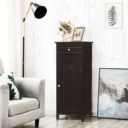 DORTALA Bathroom Floor Cabinet, Free-Standing Wooden Floor Storage Cabinet w/Large Drawer & 2 Adjustable Shelves, Morden Side Storage Bathroom Organizer Cabinet for Living Room, Brown
