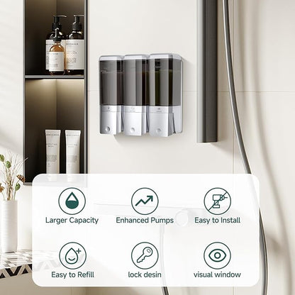 Shampoo and Conditioner Dispenser Wall Mounted No Drill, Shower Soap Dispenser 3 Chamber Shampoo Conditioner Body Wash Refillable 3 * 17oz Shower Soap Dispenser for Bathroom Hotel, Silver+Smoke Gray