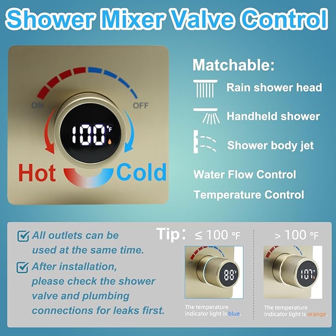 Concealed LED Digital Display Shower Diverter Valve Shower Mixing Valve Single Way Can Use All the Time Brushed Gold