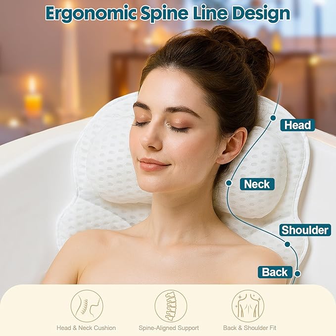 Bath Pillows for Tub with Gift Box & Laundry Bag – 4D Air Mesh Bathtub Pillow with Extended Wings, Shoulder Coverage, Spine-Line Support & 6 Non-Slip Suction Cups – Relaxing Gift for Women & Mom